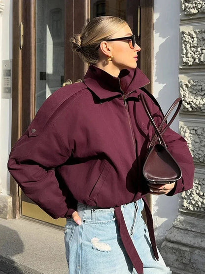 Chaqueta bomber de mujer para otoño, corte holgado, cuello alto y bolsillos