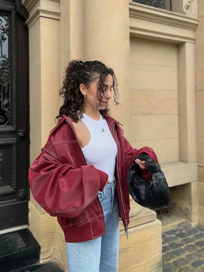 Giacca Bomber Autunnale Da Donna Con Vestibilità Overtagliad, Chiusura A Zip E Maniche Lunghe