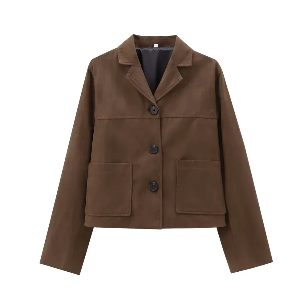 Women's cropped autumn blazer in suede, with a loose fit and long sleeves.