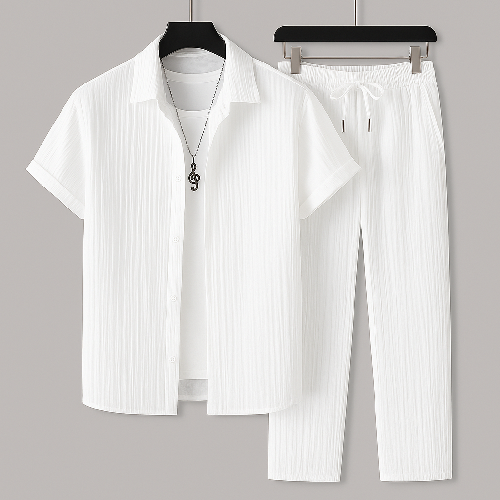 Men's Summer Linen-Style Set with Drawstring Pants and Relaxed Fit Shirt