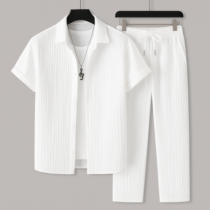 Men's Summer Linen-Style Set with Drawstring Pants and Relaxed Fit Shirt
