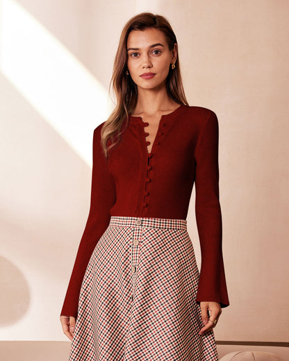 Maglia Donna Slim a Coste con Maniche a Campana e Bottoni – Stile Quotidiano