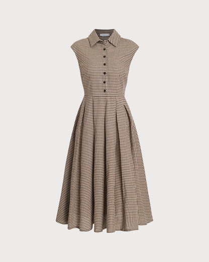 Abito Midi Donna a Quadri con Bottoni e Gonna Plissettata A-Linea