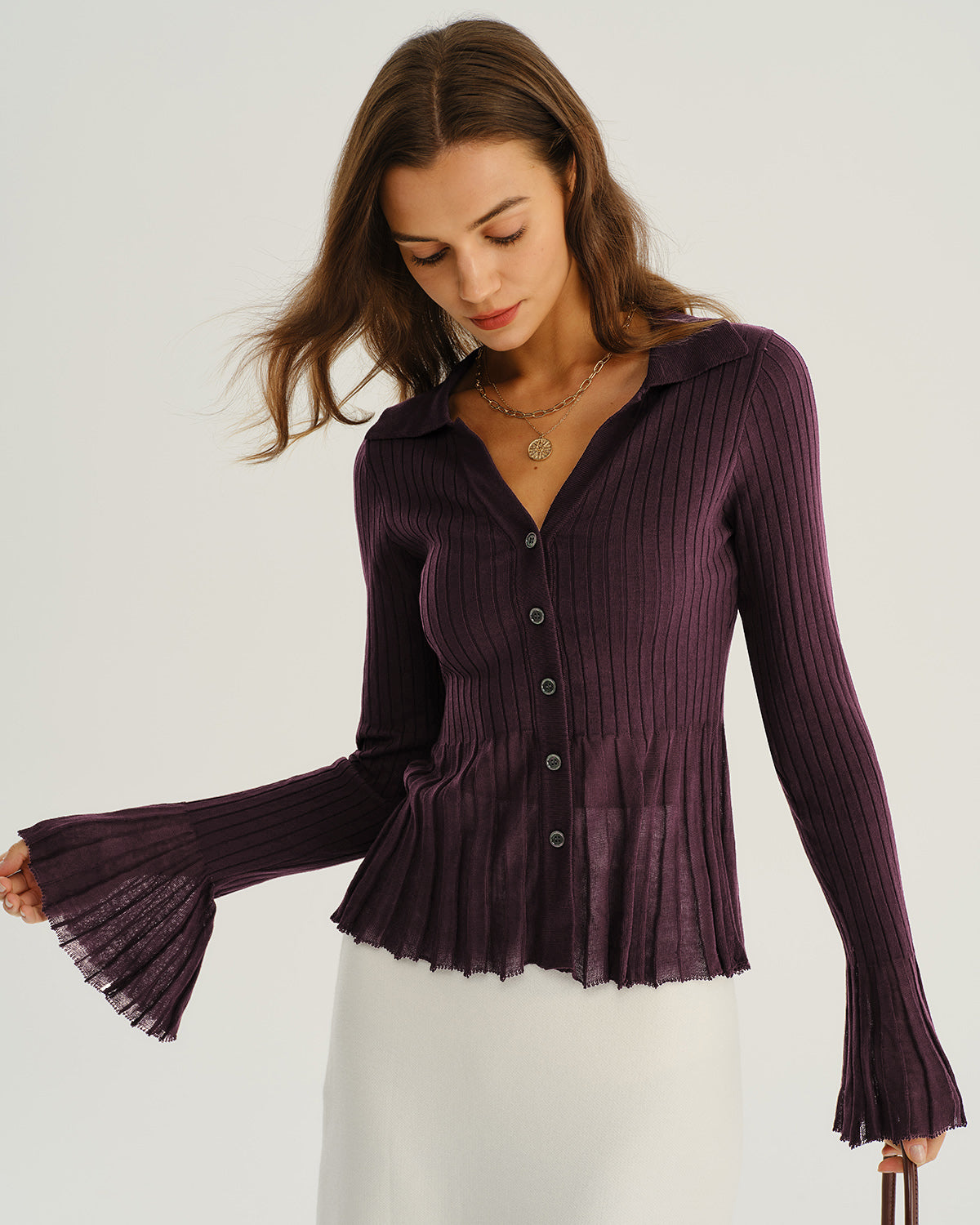 Cardigan Donna a Coste con Bottoni e Colletto – Stile Formale