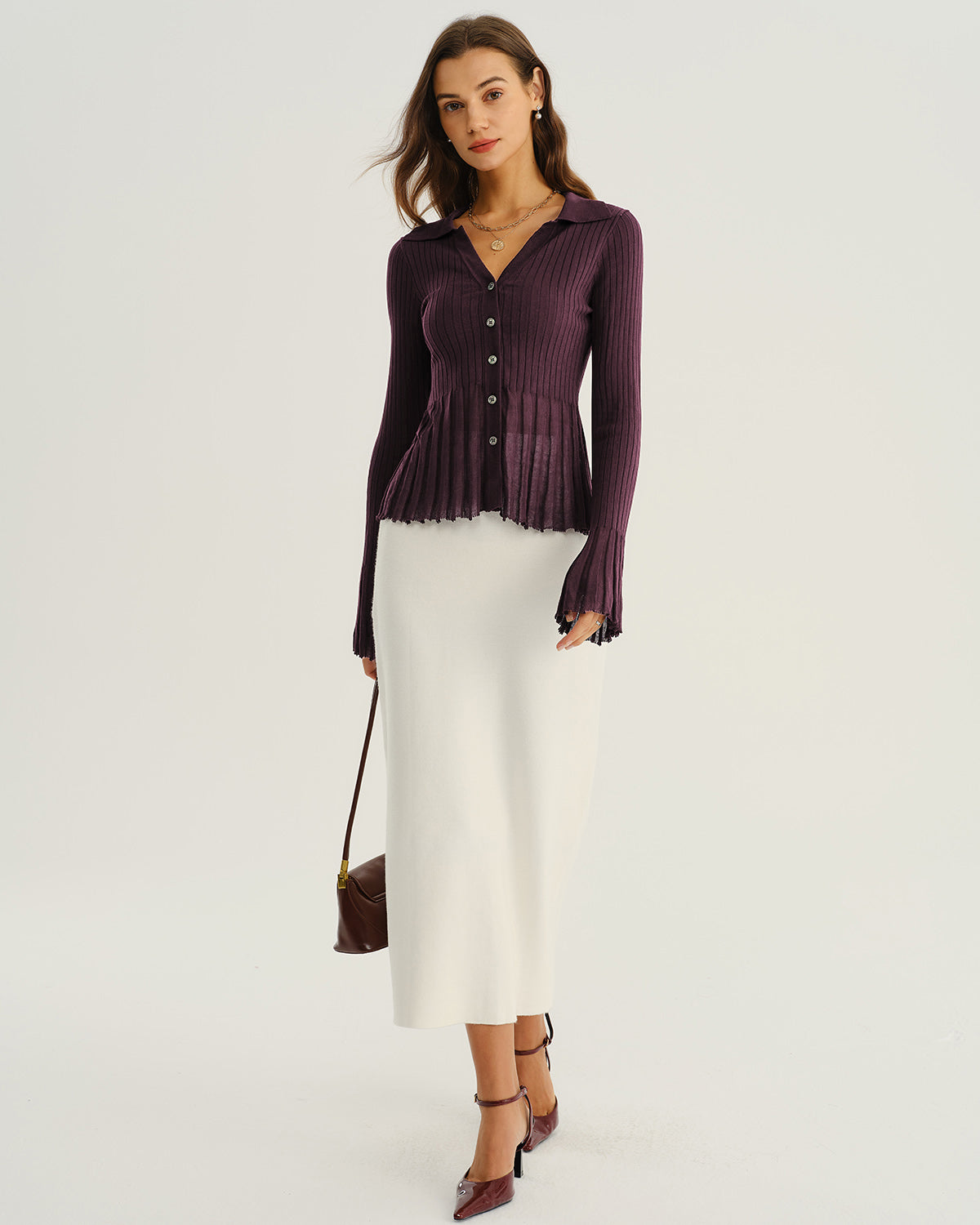 Cardigan Donna a Coste con Bottoni e Colletto – Stile Formale