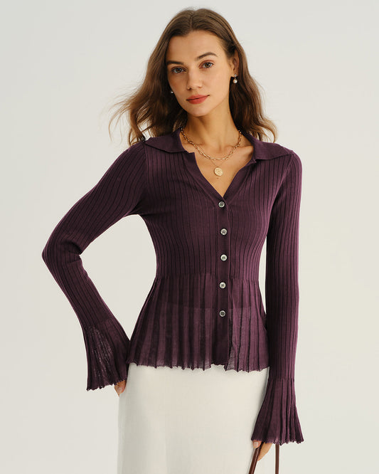 Cardigan Donna a Coste con Bottoni e Colletto – Stile Formale