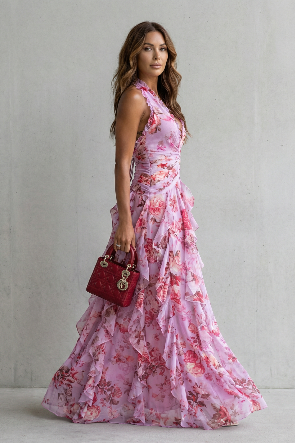 Women's Long Summer Dress with Floral Print, Halter Neck, and Tiered Ruffles – Elegant Ceremony