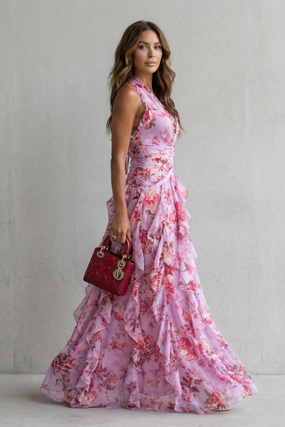 Women's Long Summer Dress with Floral Print, Halter Neck, and Tiered Ruffles – Elegant Ceremony