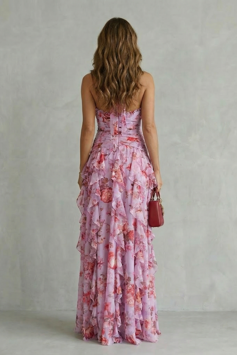 Women's Long Summer Dress with Floral Print, Halter Neck, and Tiered Ruffles – Elegant Ceremony
