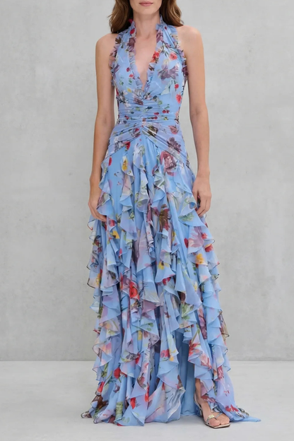 Women's Long Summer Dress with Floral Print, Halter Neck, and Tiered Ruffles – Elegant Ceremony