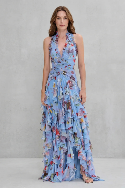 Women's Long Summer Dress with Floral Print, Halter Neck, and Tiered Ruffles – Elegant Ceremony
