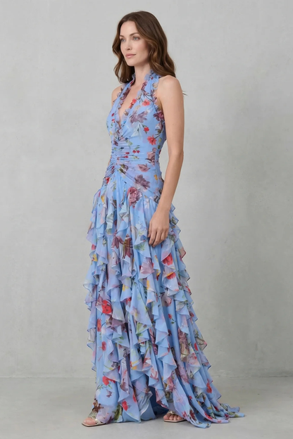 Women's Long Summer Dress with Floral Print, Halter Neck, and Tiered Ruffles – Elegant Ceremony