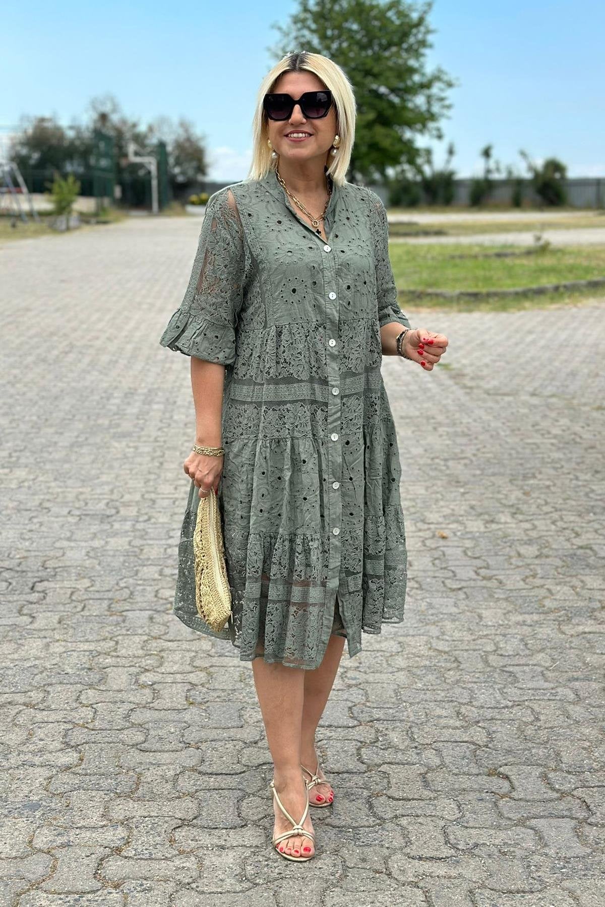 Women's Dress with Three-Quarter Sleeves, Front Buttons, A-Line
