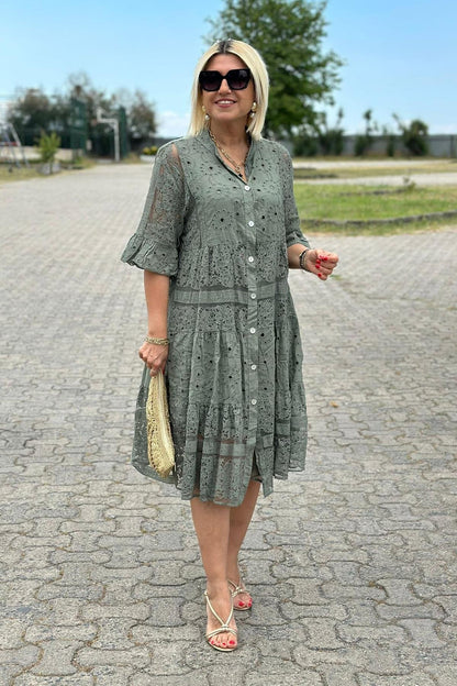 Women's Dress with Three-Quarter Sleeves, Front Buttons, A-Line