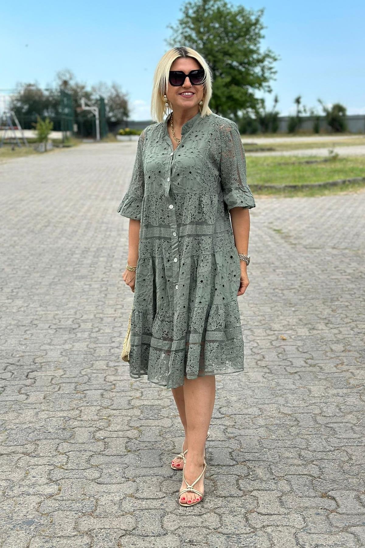 Women's Dress with Three-Quarter Sleeves, Front Buttons, A-Line